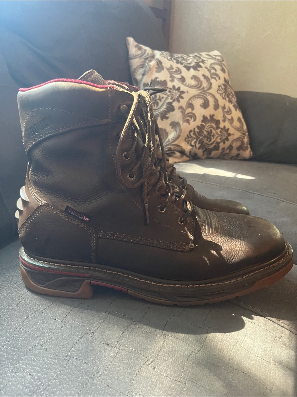 Rocky Brown Leather Safety Work Boots with Red Accents